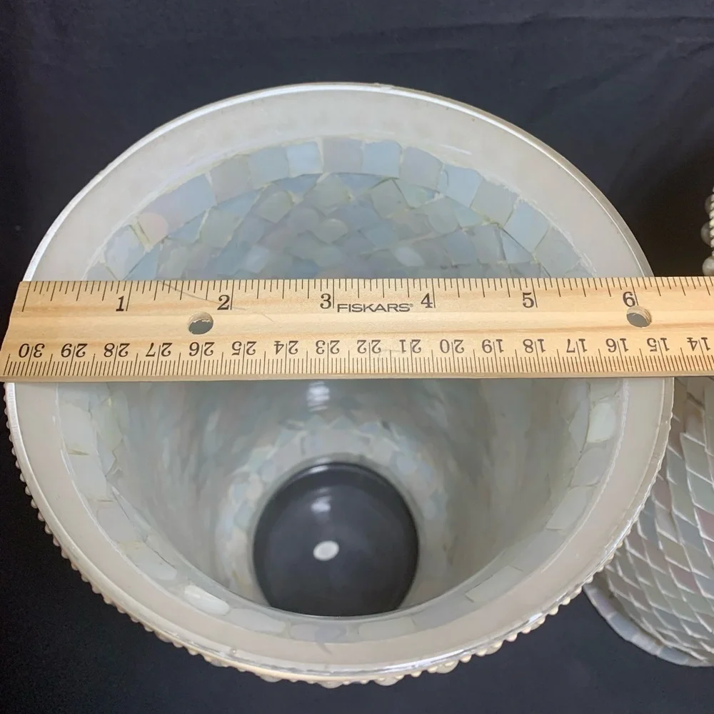 Glass White Mother of Peal Mosaic Hurricane Candle Holder Vase 11" - Picture 2 of 4